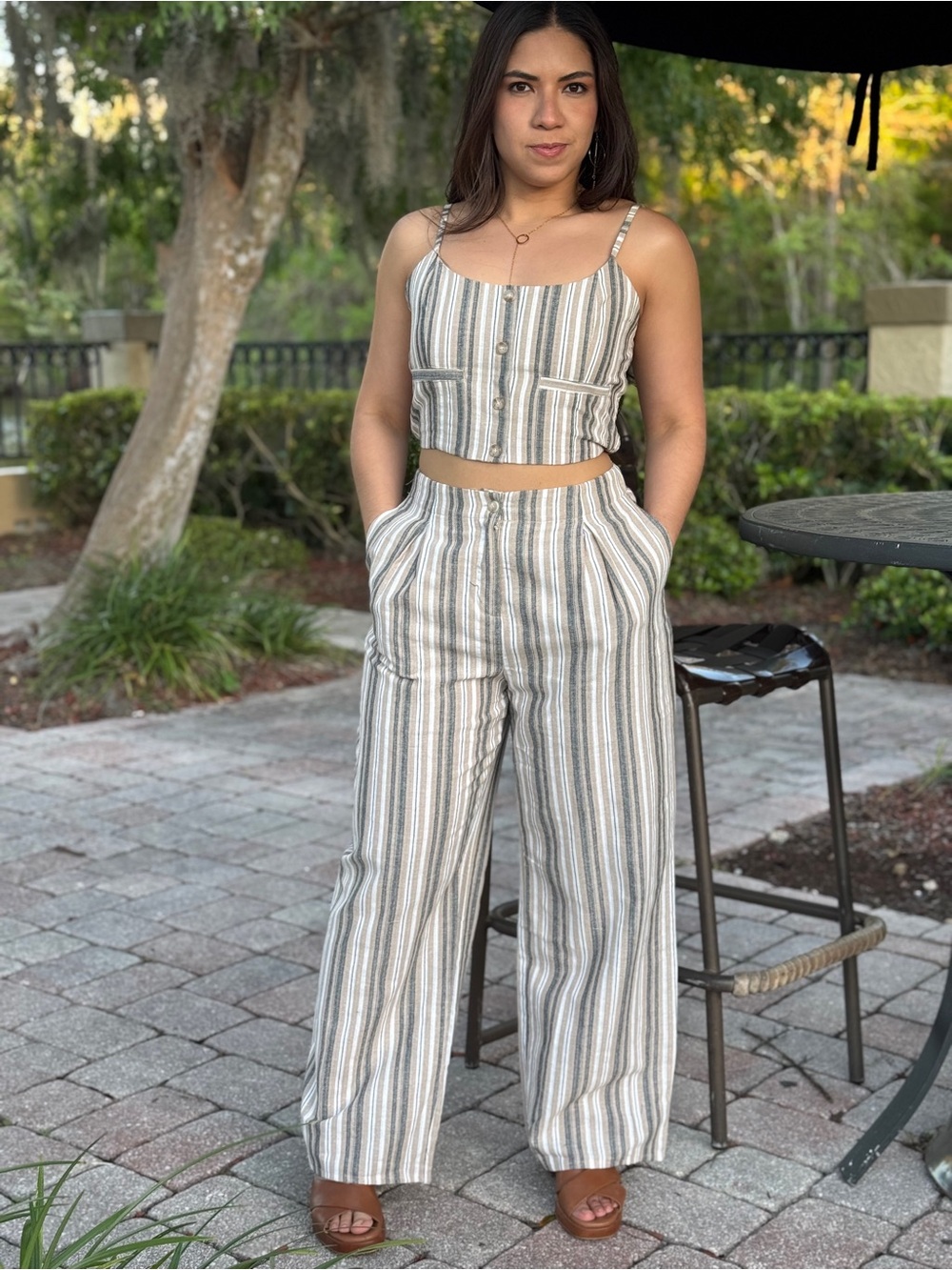 Striped Linen-Blend Wide Leg Pants in Neutral Stripe
